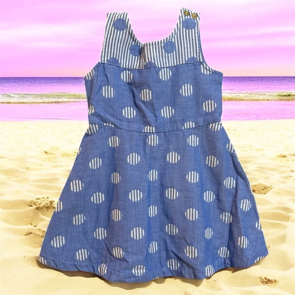 Genuine Kids Oshkosh Blue Polka Dot Sundress Denim 3T Blue and White stripes